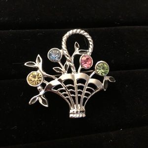 Vintage Brooch- multicolored rhinestones and silver tone basket, Mid-Century